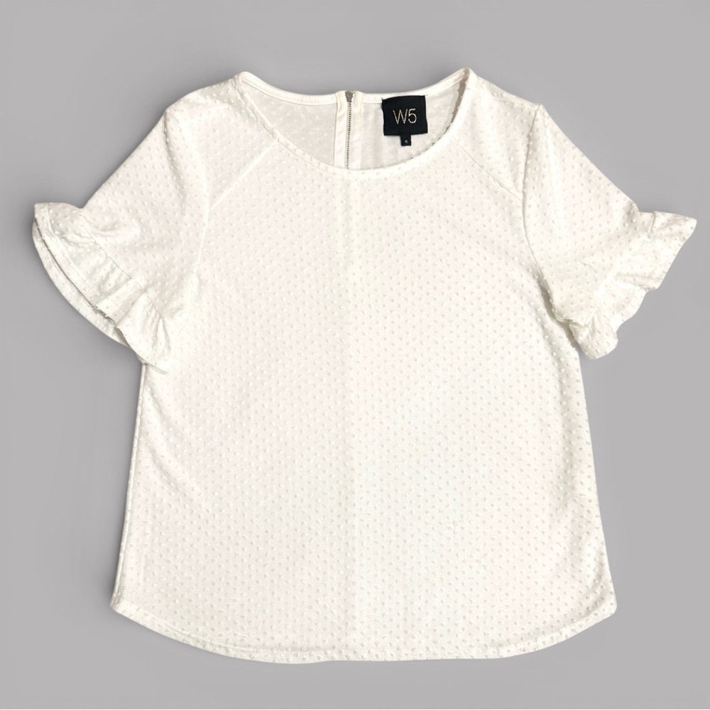 W5 Swiss Dot Textured Blouse Ruffle Sleeve Back Zip White Womens Small